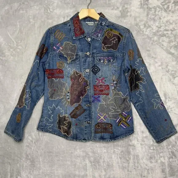 Chico's Jacket Womens 1 Medium Blue Denim Embroidered Applique Boho Mixed Media - Picture 1 of 10